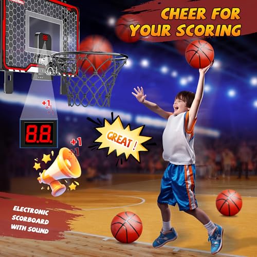 HopeRock Indoor Basketball Hoop for Kids, Over The Door Mini Basketball Hoops, with LED Light, Scoreboard, Birthday Toys Gifts for 5 6 7 8 9 10 11 12+ Year Old Boys - style: red adjustable basketball hoop
