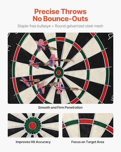 VEVOR Dartboard with 6 Darts & Scoring Kit, Self-Healing Sisal Fibers Dartboard with Staple-Free Bullseye & Rotating Number Ring, 17.7" Professional Steel Tip Dart Board Set for Home Party Game Rooms