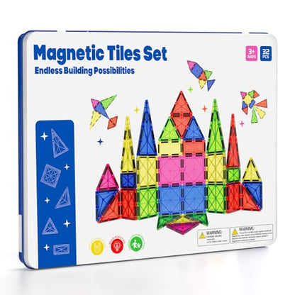 Jumbo Magnetic Tiles with Secure Metal Case, 32 Pcs Large Magnetic Building Blocks for Kids 3-8, STEM Toys for Toddlers, Preschool Learning Montessori Toys, Age 3+ Boy Girl Gift - size: Large