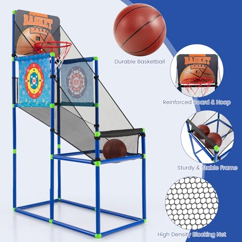 GLACER Kids Basketball Arcade Game, Indoor/Outdoor 2-in-1 PVC Hoop Set with Electronic Scoreboard & Sound, 8 Sticky Balls, 2 Basketballs, ASTM-Certified Basketball Game Toy for Ages 3+