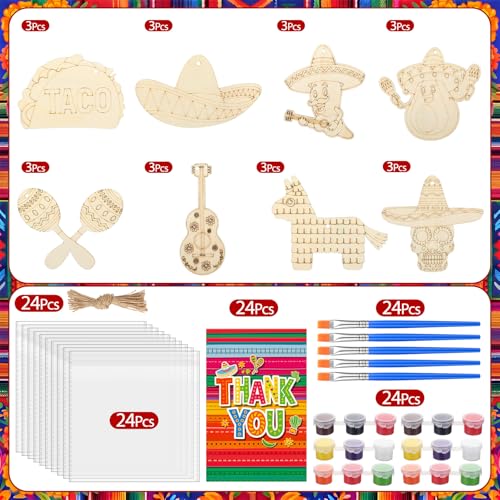 Saypacck 24 Pcs Mexican Taco Party Favors Wooden Painting Craft Kits Birthday Party Supplies with Organza Bag for Goodie Bags Fillers Adult Thank You Gifts - style: Mexican Taco
