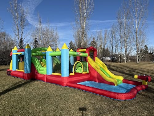 Whubefy Giant 29FT Bounce House Water Slide for Kids 3-12, Huge Sectional Obstacle Course Bouncy Castle with Slides/Tunnels/Climbing Walls/Jumping Area/Obstacles/Splash Pool/Basketball Hoops/Dartboard - style: 550+370W Blower
