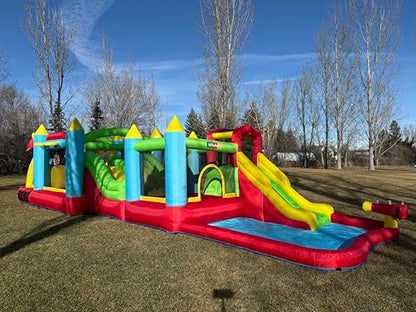 Whubefy Giant 29FT Bounce House Water Slide for Kids 3-12, Huge Sectional Obstacle Course Bouncy Castle with Slides/Tunnels/Climbing Walls/Jumping Area/Obstacles/Splash Pool/Basketball Hoops/Dartboard - style: 550+370W Blower