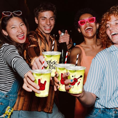 Newtay 60 Pcs Rock and Roll Cups Bulk 12oz Guitar-themed Plastic Cups with Lids Straws Retro Music Party Favors for Birthday Baby Shower Music Parties Decorations - style: Rock