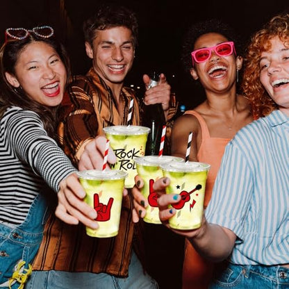 Newtay 60 Pcs Rock and Roll Cups Bulk 12oz Guitar-themed Plastic Cups with Lids Straws Retro Music Party Favors for Birthday Baby Shower Music Parties Decorations - style: Rock
