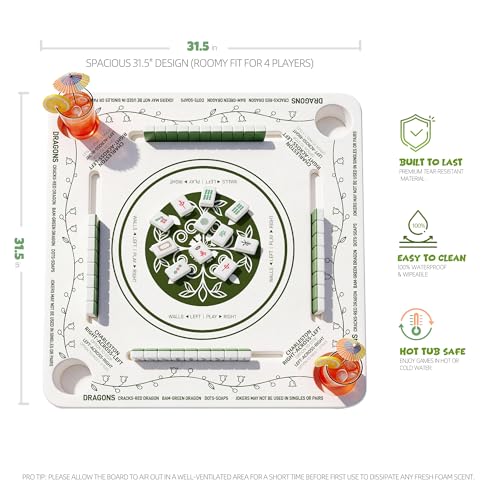 Floating Mahjong Table for Pool with 4 Cup Holders, 31.5" Pool Mahjong Set, Double-Sided Game Table for Hot Tub, Beach Party, Includes 4 Shuffle Cards - color: Green Printed F