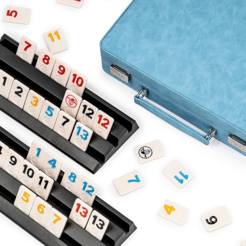Rummy Game Set, 2-4 Players with 106 Rummy Tiles and 4 Racks, Rummy Travel Game Set with Faux Leather Case, Fun Family Classic Board Games (Blue) - color: Blue