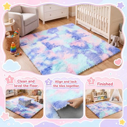 16 Pcs Hot Pink Purple Faux Fur Floor Tiles, 11.8 x 11.8 in Puzzle Girls Play Soft Tiles, 1.5 Inch Shaggy Square, EVA Foam Floor Mat for Nursery, Playroom, Bedroom, Toddler Room, Daycare - color: Hot Pink Purple