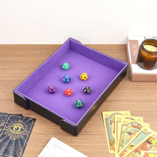 PU Leather Dice Tray Magnetic Folding Dice Rolling Mat with Purple Felt Lining for Dice Games Portable Tabletop Board Games Tray - color: Purple