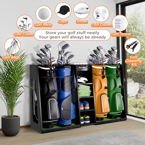 SuniBoxi Golf Organizer for Garage, XL Wooden Golf Bag Storage Rack for 4 Bags, Clubs, Balls & Equipment, Heavy-Duty Golf Bag Holder, Ideal Gift for Golfers, Dad, Husband(4 Bags,Dark Black) - size: 4 Bags