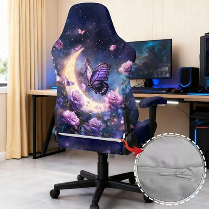 Suobstales Galaxy Butterfly Moon Rose Flower Pattern Gaming Chair Cover Set, Stretchable Game Chair Slipcovers with 2 Armrest Covers, Scratch-Proof Gamer Desk Chair Covers for Computer Office Seat - color: Galaxy Butterfly Moon Rose Flower