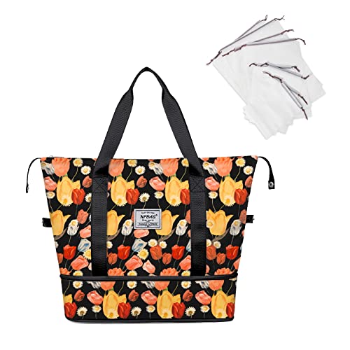 NPBAG Women Travel Duffel, Multi Functional Large Expandable Weekender Carry-on Tote, Gym Workout Overnight Bag, Mommy Hospital Bag for Labor and Delivery - color: Basic-Tulip, style: Basic Version