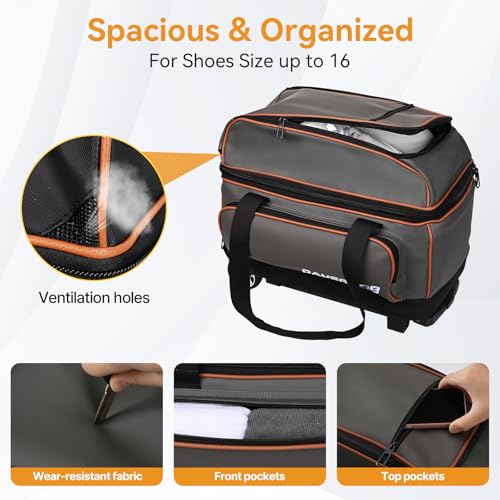2 Ball Bowling Bag with Wheel,900D Oxford Waterproof PU,Dual Roller Bowling Bag with Sturdy Frame,Large Shoe Compartment Fits Up to Men’s 16,Rolling Bowling Tote, Handle Extends to 39.5" - color: Grey