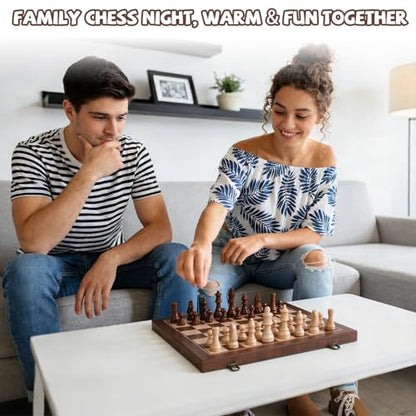15 Inch Magnetic Wooden Chess Set with Storage, Folding Chess Board Game with Strong Magnets, Tournament Size 3 Inch King, 2 Extra Queens, Portable Travel Chess Set for Adults & Kids