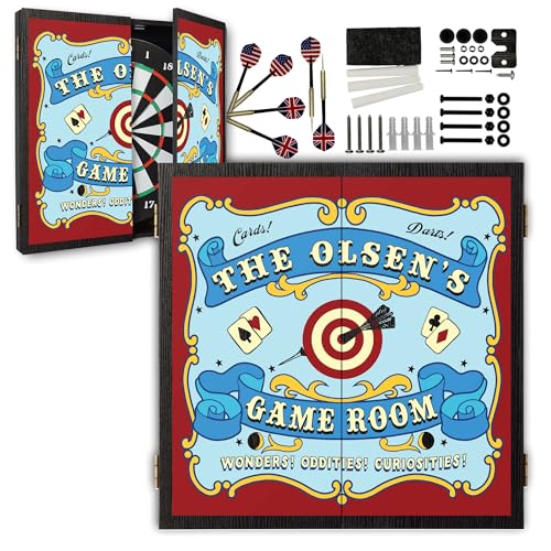 Personalized Dart Board Cabinet Set with 6 Steel Tip Darts, Paper Dartboard, Chalk & Eraser (21.5 x 21.5 x 2.75) - Man Cave Dart Boards for Adults - style: Carnival