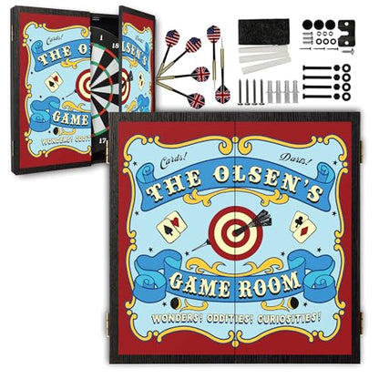 Personalized Dart Board Cabinet Set with 6 Steel Tip Darts, Paper Dartboard, Chalk & Eraser (21.5 x 21.5 x 2.75) - Man Cave Dart Boards for Adults - style: Carnival