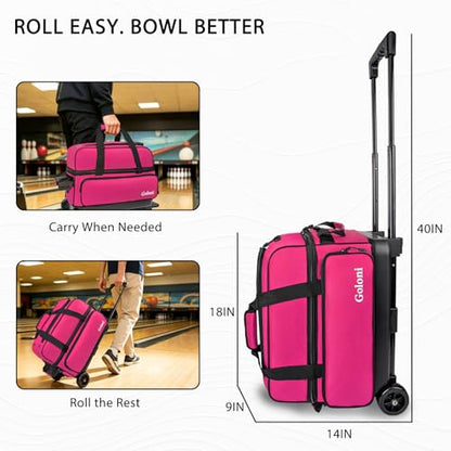 Goloni Double Roller 2 Ball Bowling Bag with Separate Shoe Compartment,2 Ball Bowling Bag with Wheels,Retractable Handle Extends to 40" - color: Rose