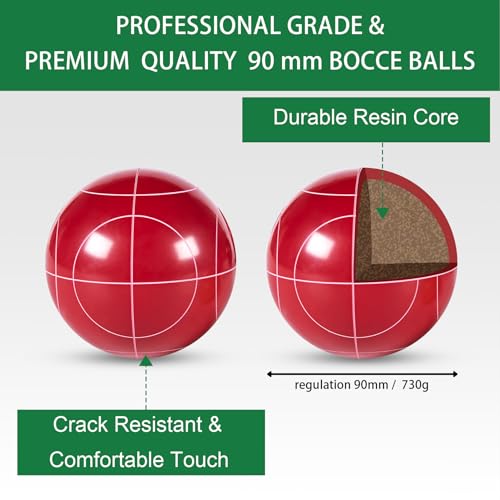 Bocce Ball Set 90mm Regulation Size - 8 Premium Resin Balls with Pallino, Carrying Bag, Measuring Tape - Outdoor Lawn Game for Adults, Seniors, Family - Backyard Beach Park Yard Game