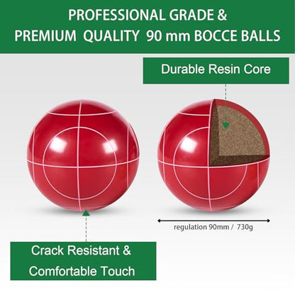 Bocce Ball Set 90mm Regulation Size - 8 Premium Resin Balls with Pallino, Carrying Bag, Measuring Tape - Outdoor Lawn Game for Adults, Seniors, Family - Backyard Beach Park Yard Game