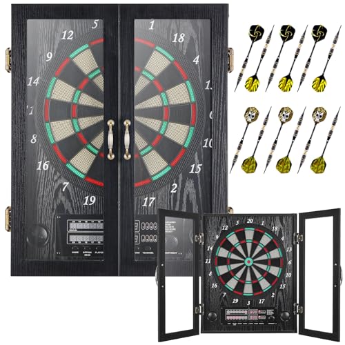 Electronic Dart Board, Decorative Dart Board Cabinet Set for Adults [12*Bronze Soft Tip Darts] [Cricket Game Mode] - Wooden Electric Dartboard Cabinet - Window