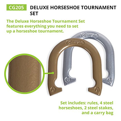 Champion Sports Horseshoe Set: Traditional Outdoor Lawn Game includes Four Professional Solid Steel Horseshoes with Solid Steel Stakes & Carrying Storage Case - style: Tournament Set