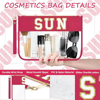 BuyCard Preppy Patch Sun Cosmetic Bag Summer Sunscreen Toiletry Bag Portable PVC & Nylon Waterproof Makeup Bag Daily Use Storage Purse Travel Swimming Beach Bag for Women Girls - color: Pink