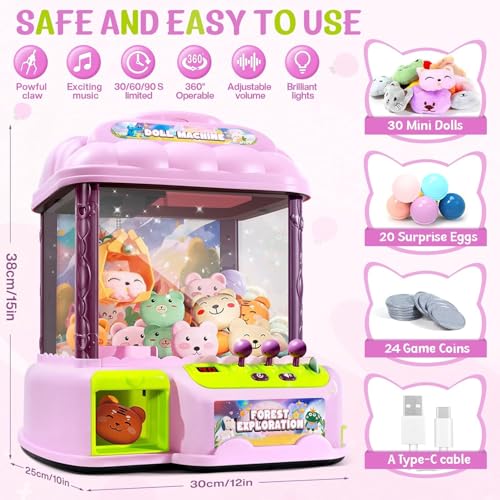 Large Claw Machine for Kids, Musical Electronic Arcade Game Console with Adjustable Sound, Christmas and Birthday Gift for Kids, Includes 30 Toys & 24 Game Coins & 20 Surprise Eggs - color: Lotus Root Pink