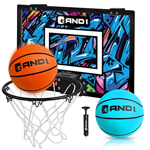 AND1 Over the Door Mini Basketball Hoop: 18x12 Shatterproof Backboard, 2 Mini Basketballs, and Hand Pump Included- Ultimate Indoor Basketball Accessory for Kids and Adults, No Tools Required - color: Orange/Light Blue, style: Mini Hoop / Two Balls