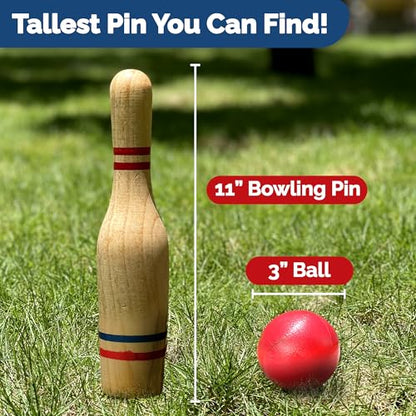 STERLING Sports Premium Wooden Lawn Bowling Skittles Set 11" Pins with Carrying Mesh Bag - 10 Heavy Solid Wooden Pins and 2 Balls - for Indoors and Outdoors