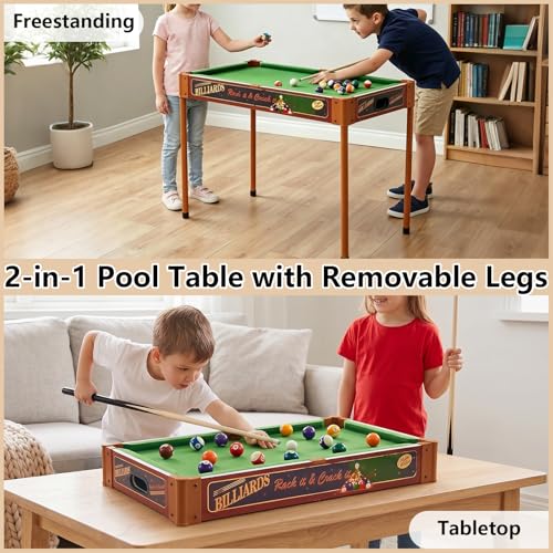 RAYKEEP 32" Mini Pool Table, 2-in-1 Tabletop Billiard Table with Removable Legs for Kids & Adults, Portable Pool Game Set w/Cues & Balls for Living Room, Game Room