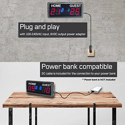 Indoor Score Keeper, Electronic Ping Pong Scoreboard with Wireless Remote Control, 6 Digits Score Unit with Round Scores 0-99 in Red and Match Scores 0-9 in Blue, Tabletop & Wall Mount