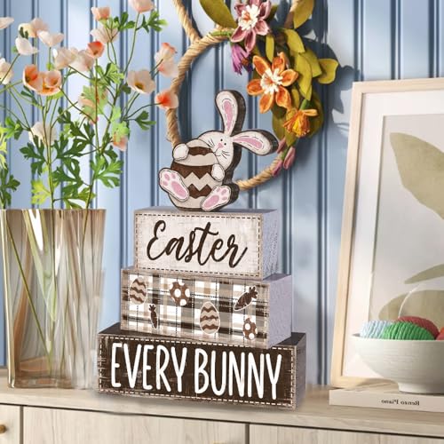 DIYDEC 4Pcs Easter Tabletop Decorations Rabbit Wooden Block Signs Bunny Tiered Tray Decor Happy Easter Centerpiece Farmhouse Wood Bunny Table Sign for Kitchen Home Office Party Decor - style: Pink Rabbit