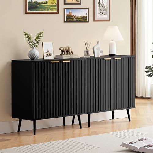 Set of 2 Fluted Storage Cabinet, Buffet Cabinet with Storage, Wood Sideboard with Adjustable Shelf, Modern Accent Cabinet & Console Table for Entryway, Living Room, Dining Room, Black - color: Black丨fluted Panel, size: 2 Pieces