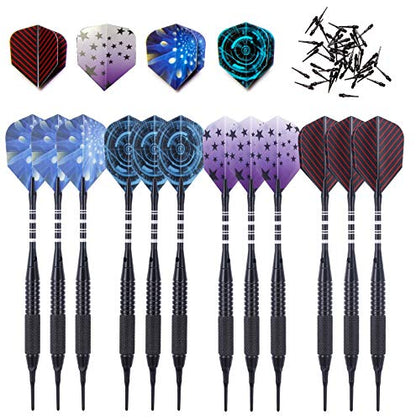 Professional Soft Tip Darts 12 PC Set | 12 Brass Barrels | 50 Extra Black 2BA Tips| 12 Aluminum Shafts | 16 Flights Standard Shape | Multi Tool | Carry Bottle - color: Black Barrel-19g