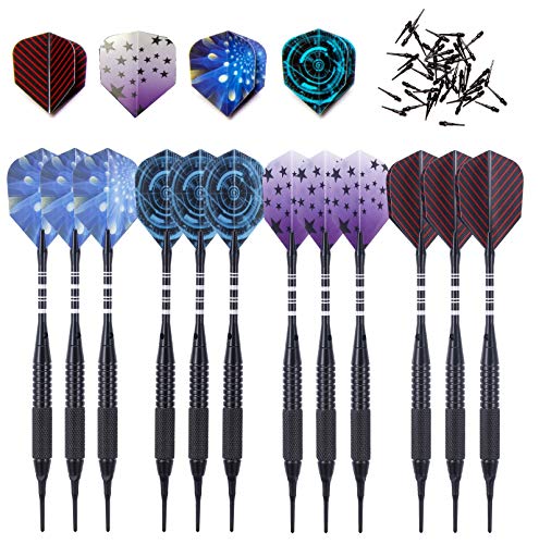 Professional Soft Tip Darts 12 PC Set | 12 Brass Barrels | 50 Extra Black 2BA Tips| 12 Aluminum Shafts | 16 Flights Standard Shape | Multi Tool | Carry Bottle - color: Black Barrel-19g