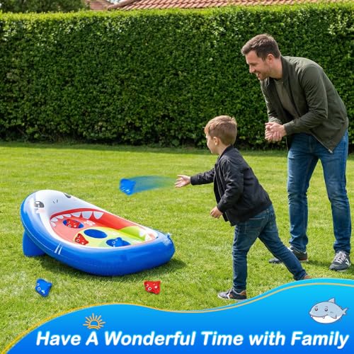 AURASUN Kids Fun Pool Toys, Inflatable Shark Pool Cornhole Game Floating, Water Game Outdoor Swimming Pool Games for Kids Adults, Cool Summer Party Gift 3 4 5 6 7 8 9 10 12 Year Boy Girl Teen Family - style: Shark Cornhole Board