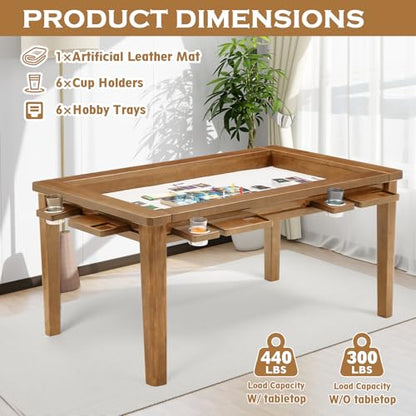 Haddockway 63" ×39“ Board Game Table with Removable Top, Solid Wood Dining/Gaming Table for 4-6 Players with Play Mat, 6 Detachable Cup Holders & 6 Hobby Trays (Rosewood) - color: Rosewood