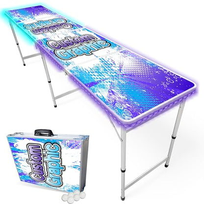 8-Foot Regulation Folding Beer Pong Table w/Beer Pong Balls & Optional Cup Holes, LED Lights, Custom Graphic (Choose Your Model) - size: Custom - 8 Foot Table, style: w/ LED Lights