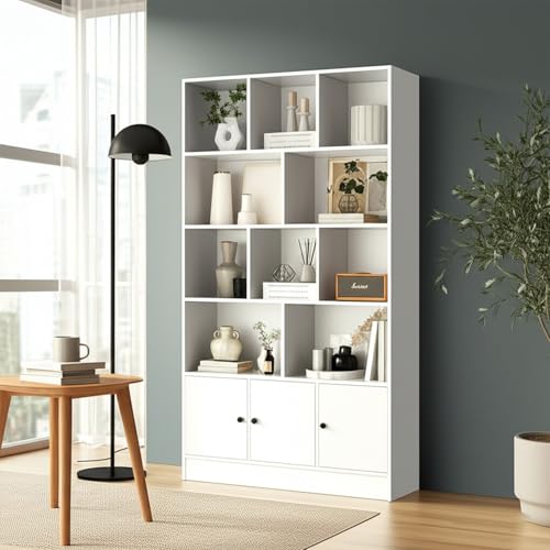 Anystyle White 5-Tier Bookshelf, 13-Cube Display Cabinet with 3 Doors, Freestanding Bookcase with Anti-Tip Kit for Living Room & Home Office, 35.4” W x 11.8” D x 65” H - color: White
