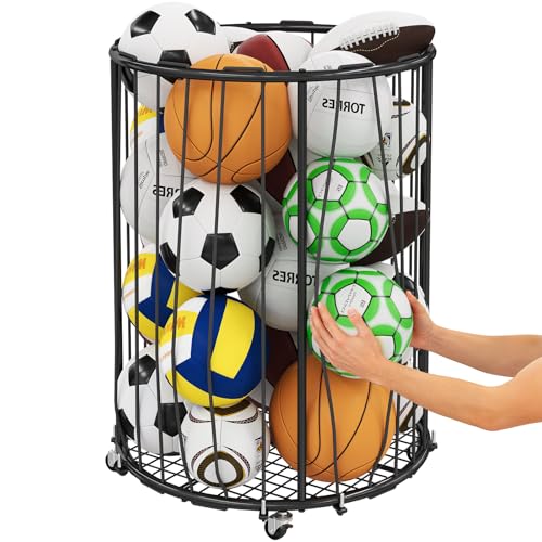 Hencawima Garage Ball Storage: Round Sports Equipment Organizer with Wheels, Sports Ball Rack With Elastic Rope, Ball Holder for Basketball, Soccer, Volleyball, Football, Garage, Gym, Outdoor (Black) - color: Black-Medium (With Wheels, Round)