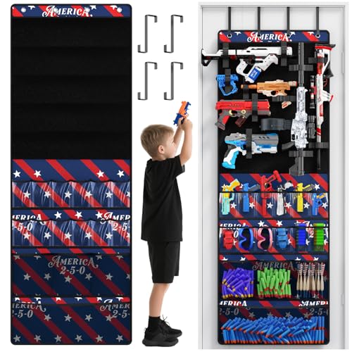 Over the Door Organizer for Toy Guns, Toys Storage Door Hanger with Pockets and Slots for Kids Foam Blasters, Darts, Goggles, Over Door Toys Storage Organizer, for Kids Rooms, Game Rooms, Blue Red - color: Blue Red