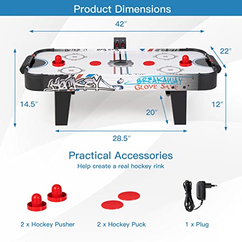 GYMAX Air Hockey Table, 42” Table Top Air Hockey with 2 Pucks, 2 Pushers, LED Scoreboard, Mini Air Hockey Arcade Table Game Room, Dorm Room, Club, Family Recreation Game