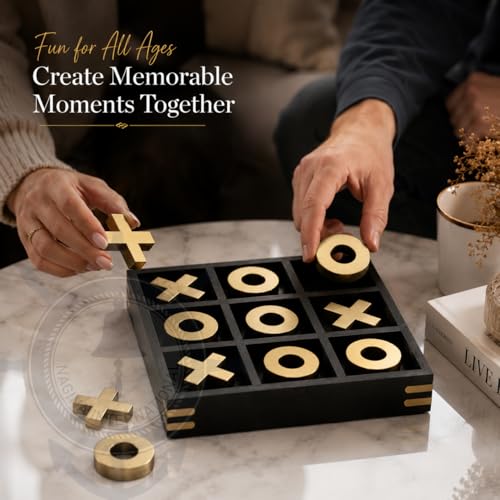 10" Large Elegant Premium Black Tic Tac Toe Board Game | Wooden Puzzle Game | Coffee Table Wooden Decor & Games | Lightweight Gold Plated Pieces