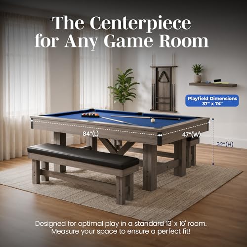 Hathaway Logan 7-ft Pool Table Combo Set with Benches - Rustic Gray with Blue Felt, Barnwood