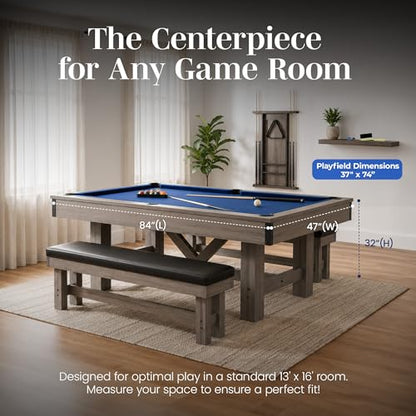 Hathaway Logan 7-ft Pool Table Combo Set with Benches - Rustic Gray with Blue Felt, Barnwood