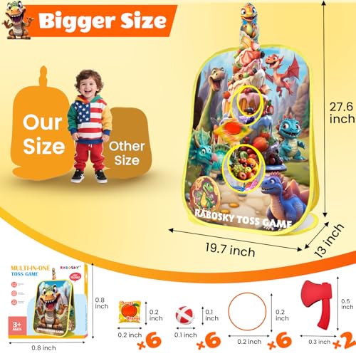 RaboSky 4-in-1 Dinosaur Bean Bag Toss Game for Kids Ages 3-5 4-8, Big Birthday Party Gifts & Fun Outdoor Activities for Boys, Toddlers with 6 Fruit Beanbags, 6 Rings, 6 Sticky Balls & 2 Axes - color: Dinosaur 20×28