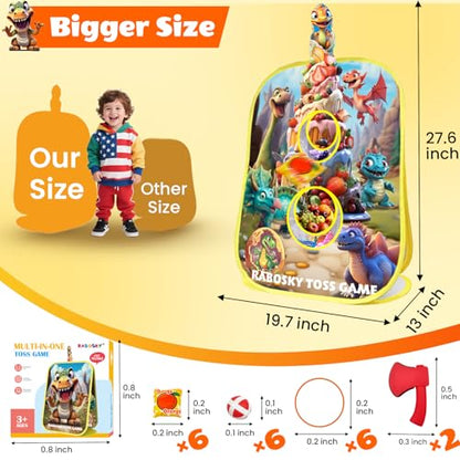RaboSky 4-in-1 Dinosaur Bean Bag Toss Game for Kids Ages 3-5 4-8, Big Birthday Party Gifts & Fun Outdoor Activities for Boys, Toddlers with 6 Fruit Beanbags, 6 Rings, 6 Sticky Balls & 2 Axes - color: Dinosaur 20×28