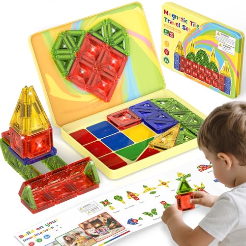 Mini Magnetic Tiles for Kids Ages 4-8, 40PCS Portable Travel Toys with Visual Storage Guide & Metal Storage Box, Compact Magnetic Building Blocks for Toddlers 3-5 Travel Activities - style: Diamond Texture Mini Magnetic Tiles - 40 PCS