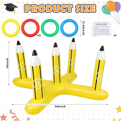 Skylety 3 ft Back to School Inflatable Pencil Ring Toss Game with 5 Colorful Rings Pool Ring Toss Toys for Family Summer Pool Birthday Party Inflatable Games Giant Outdoor Lawn & Yard