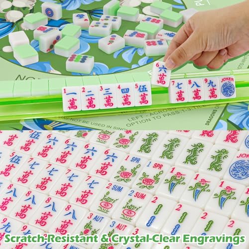Jolitac American Mahjong Tile Set with 166 Tiles, 1.2-Inch Tiles & Accessories, Mahjong Gift Set with 3 Blue Dice and Mahjong Tile Bag, Portable Travel Game for Adults, Family Night, Gift (No Rack) - color: Green